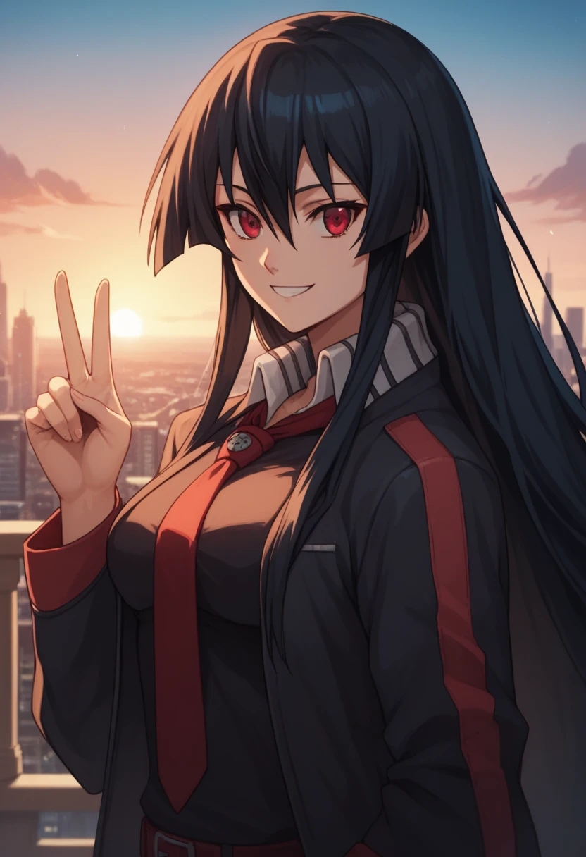 1girl, solo,akame, long hair, black hair, red eyes, hair between eyes,An anime-style character in vibrant colors, smiling and making a peace sign with two fingers, wearing a casual outfit with a futuristic touch, bright blue hair, standing in front of a cityscape at sunset, highly detailed and dynamic pose.