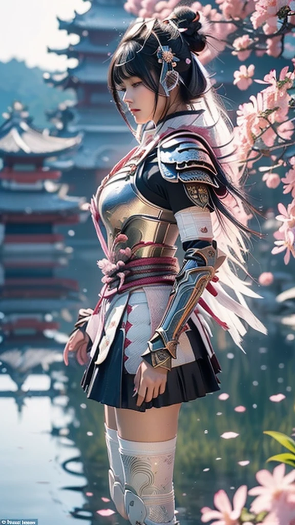  A sexy female character wearing white armor as a warrior from the Sengoku period 、((Messy bun hair))、((raven black hair))、((toned body))、(glistening skin)、 tight body、((mega breasts 1.8))、 plump breasts 、 plump thighs 、 The white armor with the Nadeshiko flower pattern engraved on it is a bikini type design that emphasizes chest exposure、(  wear a cape with a Nadeshiko flower pattern )、cocoon silhouette skirt、 white shin guard with Nadeshiko flowers engraved on it 、Pink high-leg underwear 、White tights、 absolute domain、((from side))、Dramatic lighting、Big Yamabuki flowers in full bloom are blooming in front of the glorious hill where the sun is rising 、Big Asahi 、(( The background is full blooming with large Nadeshiko flowers blooming in full bloom ))、(( A sexy female character wearing white armor as a warrior from the Sengoku period ))、 cinema-like scene 、((Background Japanese dianthus)) 、((foreground　Japanese dianthus))、 Max Image、 Ultra High Definition、8k