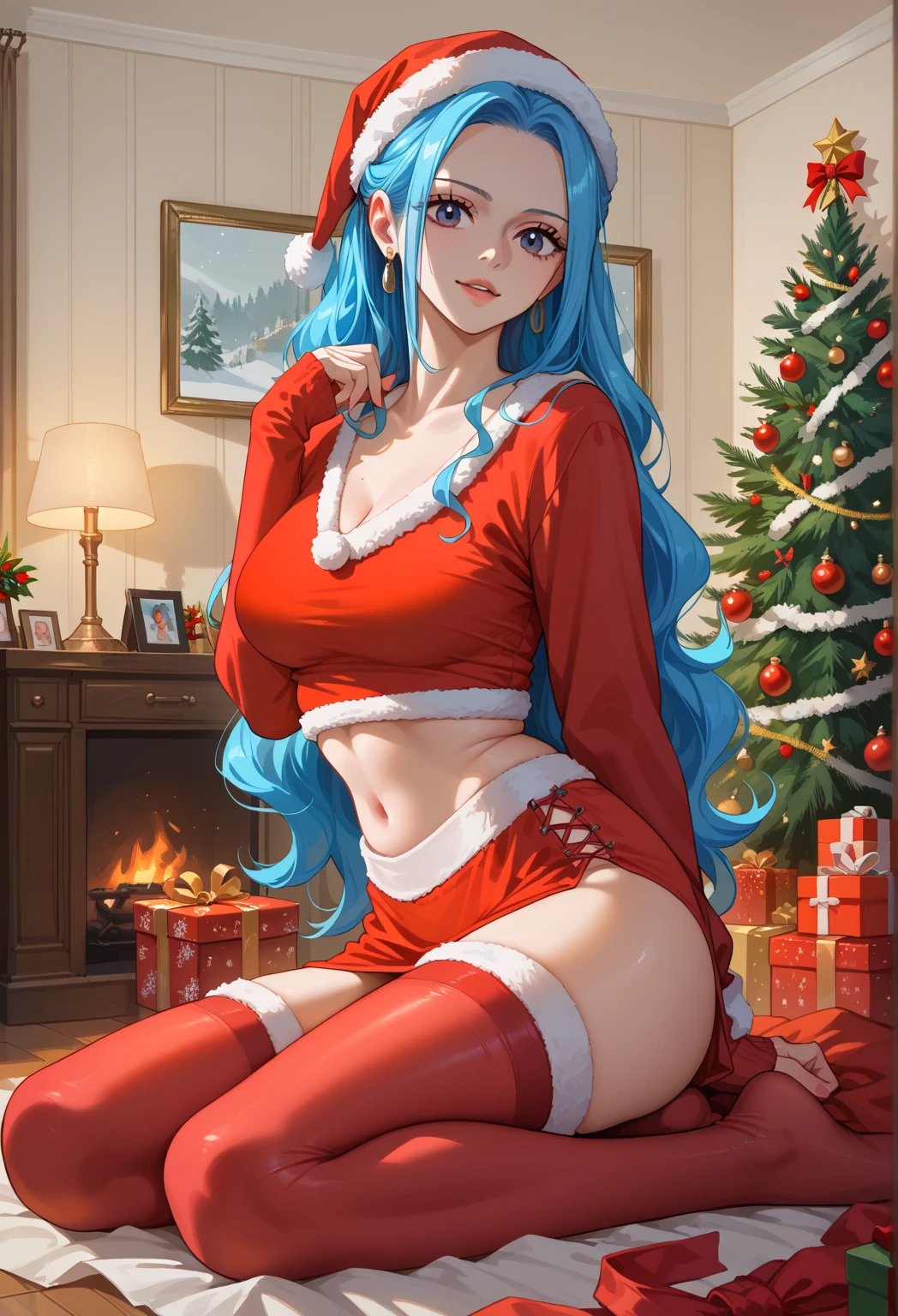 Masterpiece, beautiful art, professional artist, 8k, art style by sciamano240, very detailed face, very detailed hair, 1girl, perfectly drawn body, beautiful face, long hair, light blue hair , very detailed blue vertical cat eyes, pouty lips , rosey cheeks, intricate details in eyes, square glasses, wearing mrs clause outfit, red dress, mrs clause hat, black tigh boots, earrings, (wearing a wedding ring) , in love with the viewer expression, warm smile, posing at home christmas setting, 1 fireplace, close up on face,