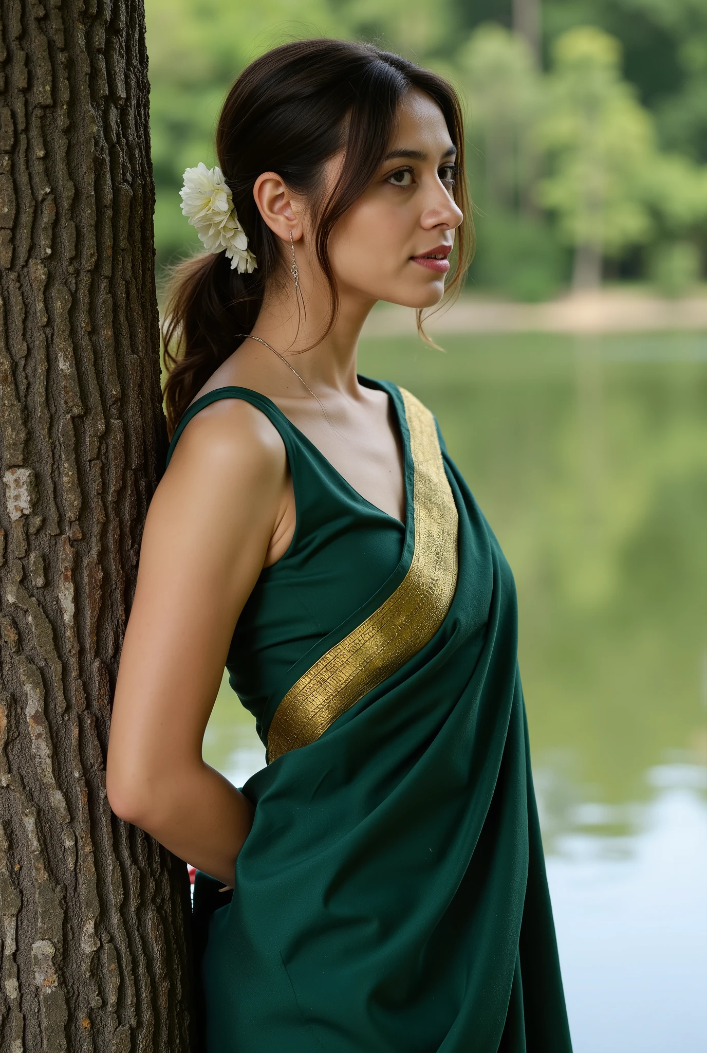 Indian sexy women in ancient time in short dress in a green valley.