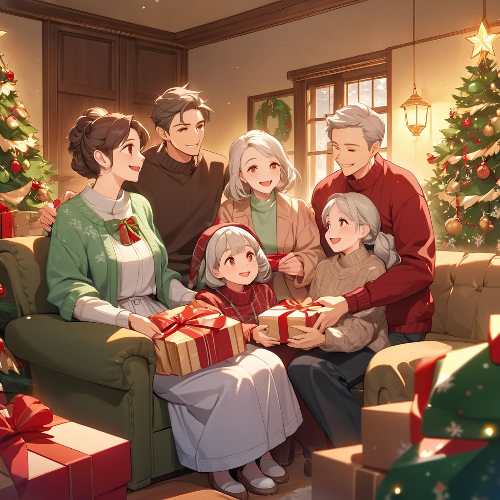 An anime-style illustration depicting a heartfelt Christmas scene in a cozy, warmly lit living room decorated for the holidays. The scene features four people: a young couple and an elderly couple. The young couple is standing together, carefully handing a single large, beautifully wrapped Christmas gift to the elderly couple, who are seated on a comfortable sofa. The elderly couple, with warm and joyful expressions, looks up at the younger couple with gratitude and affection. The young couple is smiling tenderly, radiating care and love, as they hold the gift together. The elderly couple represents a grandparent-like or parent-like relationship to the younger couple. The living room is festively decorated, with a glowing Christmas tree adorned with ornaments, twinkling lights, and garlands. Several wrapped presents are scattered under the tree, and stockings hang nearby. Subtle warm lighting enhances the familial love and festive spirit, emphasizing the tender connection between the two generations. The central focus is on the interaction and exchange between the two couples.
