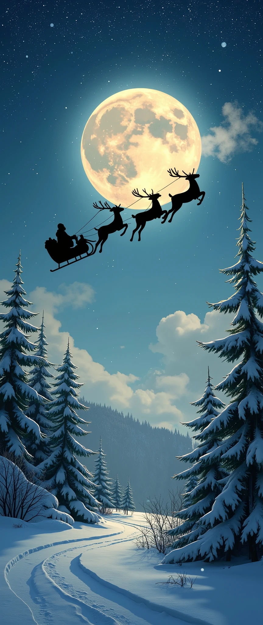 masterpiece, Best Illustration ,The black silhouettes of Santa and the reindeer flying with their backs to the moon are shown,Beautiful colors, christmas eve