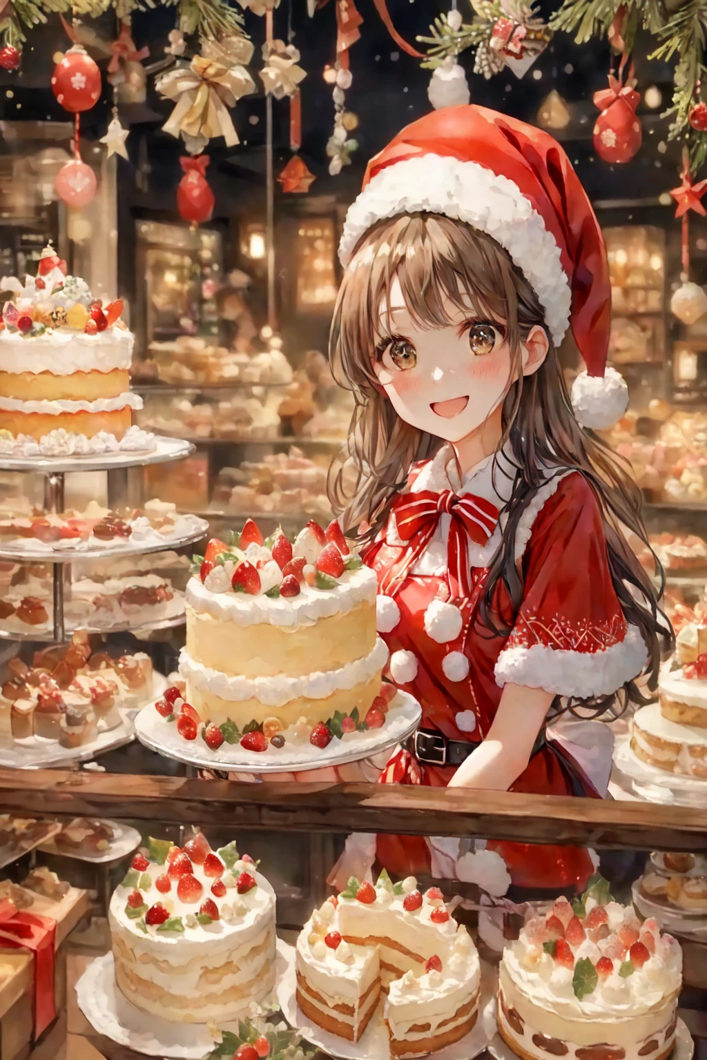 there is a woman in a santa hat standing in front of a display of cakes, loli, kawacy, pixiv, baking artwork, eating cakes, fantasy bakery, official artwork, happy!!!, at pixiv, sakimi chan, trending on artstation pixiv, sweets, marin kitagawa fanart, grand!, guweiz on pixiv artstation