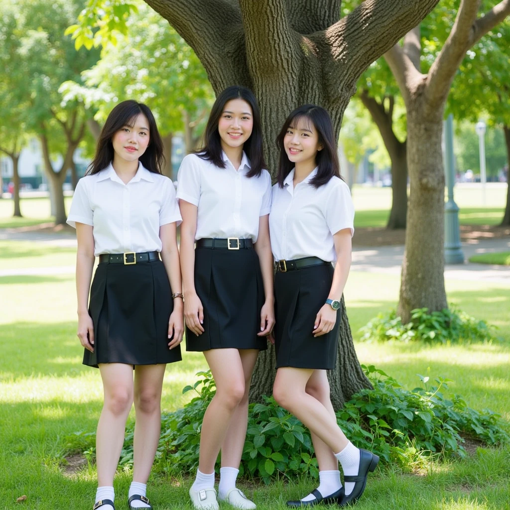 ่่่่Professional photos are beautifully smooth, with smooth colors that are pleasing to the eye A Thai college students in uniform pose outdoors on a grassy area beneath a large tree. She is wearing a white blouse short sleeves and a black pencil skirt with a black belt. She is wearing Mary Jane shoes with short white socks. Her legs are crossed casually. hair is styled in shoulder-length or longer, dark hairstyles. The background includes lush green grass and trees, and the lighting is bright and sunny. The overall mood is cheerful and friendly.