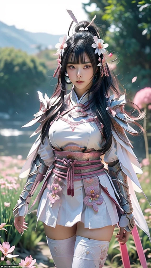  A sexy female character wearing white armor as a warrior from the Sengoku period 、((Messy bun hair))、((raven black hair))、((toned body))、(glistening skin)、 tight body、((mega breasts 1.8))、 plump breasts 、 plump thighs 、 The white armor with the Nadeshiko flower pattern engraved on it is a bikini type design that emphasizes chest exposure、(  wear a cape with a Nadeshiko flower pattern )、cocoon silhouette skirt、 white shin guard with Nadeshiko flowers engraved on it 、Pink high-leg underwear 、White tights、 absolute domain、((from front))、Dramatic lighting、Big Yamabuki flowers in full bloom are blooming in front of the glorious hill where the sun is rising 、Big Asahi 、(( The background is full blooming with large Nadeshiko flowers blooming in full bloom ))、(( A sexy female character wearing white armor as a warrior from the Sengoku period ))、 cinema-like scene 、((Background Japanese dianthus)) 、((foreground　Japanese dianthus))、 Max Image、 Ultra High Definition、8k