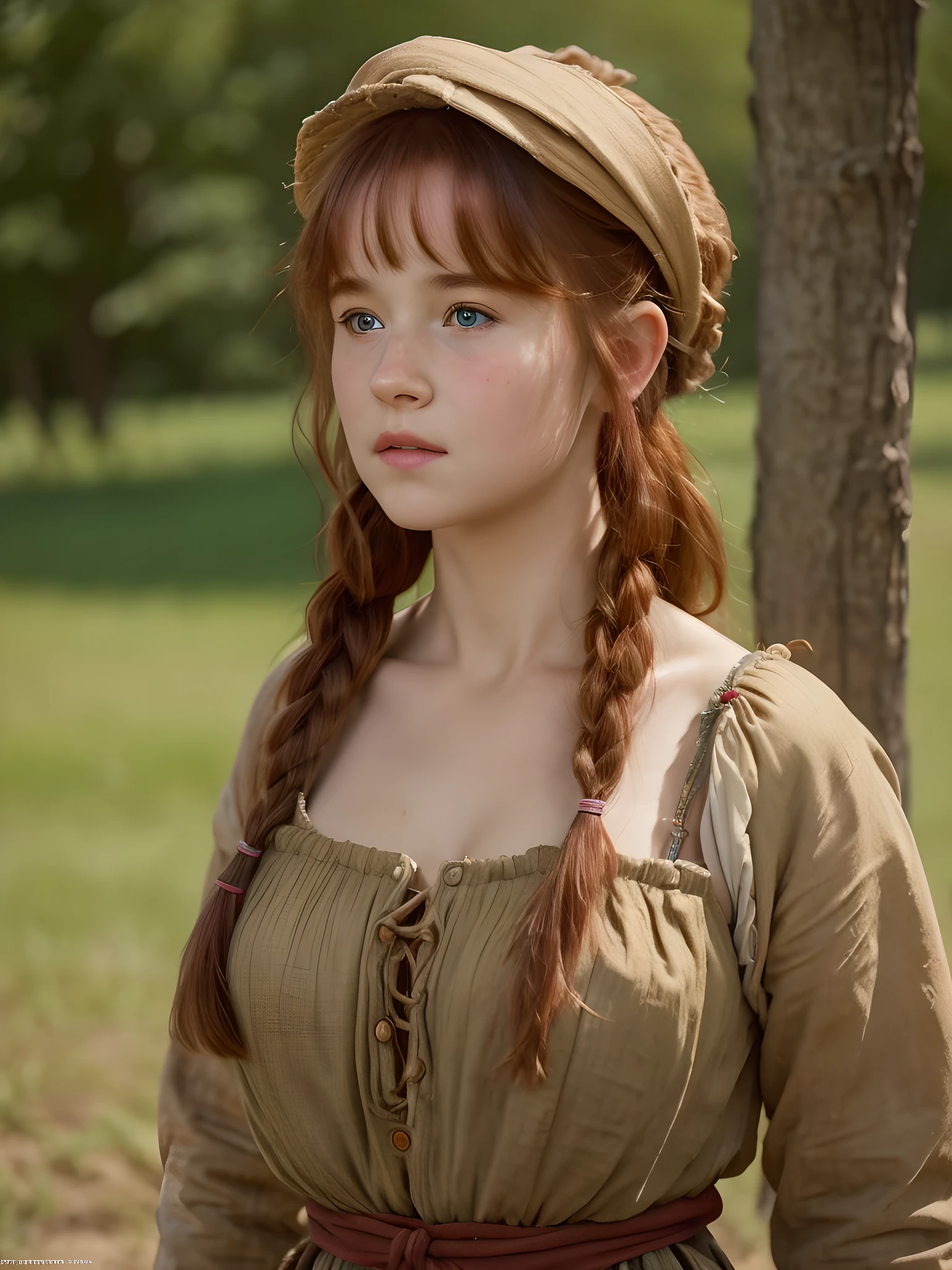 (best quality,4k,8k,highres,masterpiece:1.2),ultra-detailed,(realistic,photorealistic,photo-realistic:1.37), ((a peasant girl wearing dirty clothes, solo, shy)), ((very large bust size for her young age)), braided red hair, pale skin