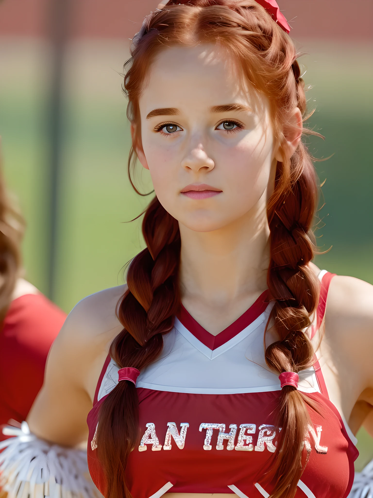 (best quality,4k,8k,highres,masterpiece:1.2),ultra-detailed,(realistic,photorealistic,photo-realistic:1.37), ((a school cheerleader, solo, shy)), ((very large bust size for her young age)), braided red hair, pale skin