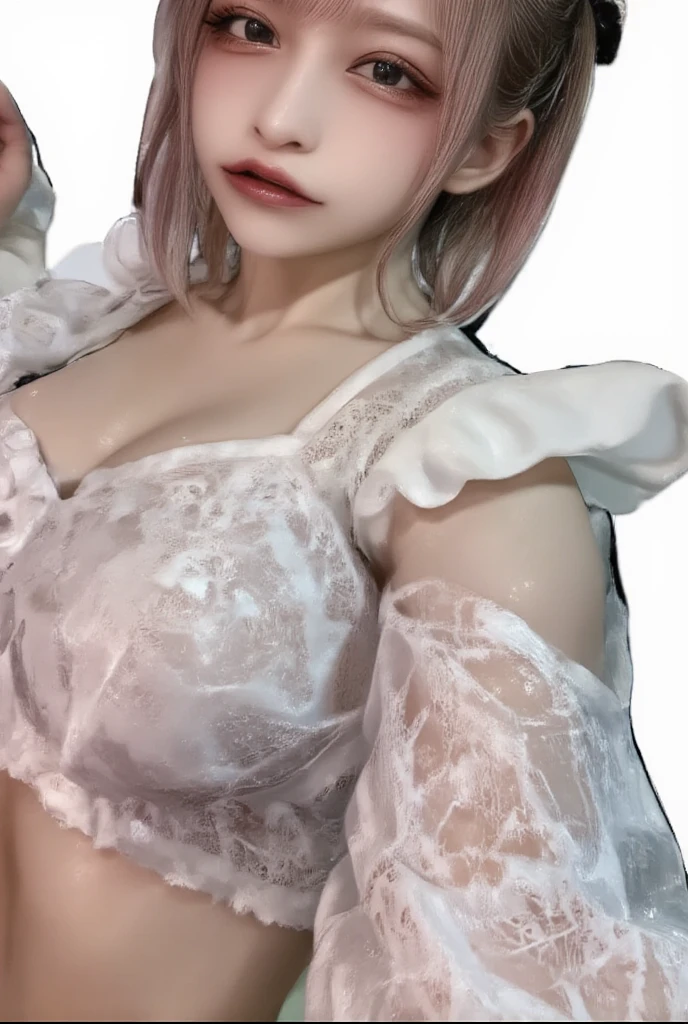 (On the table: 1.3), (max res: 1.2), (Ultra HDTV: 1.2), 电影灯光, 8K分辨率, Detailed eyes and skin, detailedfacialfeatureocus sharp: 1.2), (Focus on the face:1.2),Perfect style, pretty face, Acura, Anatomically correct, Highly Detailed Face and Skin Textur, 詳細な目, 二重まぶた, tthin eyebrows, glitter eyeliner: 1 natural cheeks, Glossy glossy skin, White skin of the: 1.2, (glossy lips: 1.4),、 (A shy look: 1.2),Highly Detailed Face and Skin Textur, 詳細な目, 二重まぶた, Natural cheeks, , shiny lip: 1.4,、(There are a lot of:1.4)(There's a lot in the thigh:1.2)、 Red blush、Humiliated、impatient、frustrated、Frightened、glarelight、sexually arousing、embarrassed from、Open the knee、、breast rubbing behavior:1.6)、touching crotch、white under lingerie、white bra、Shiny little earrings and necklace、Disheveled clothes、Dressing、The kinky exposed、Wear sweat、Lingerie transparent、Full body like、 24 years of age, clean and tidy woman , Upturned,on top of the bed,Bedrooms、white silver hair、Green gray eye protection clothing:1.6)、