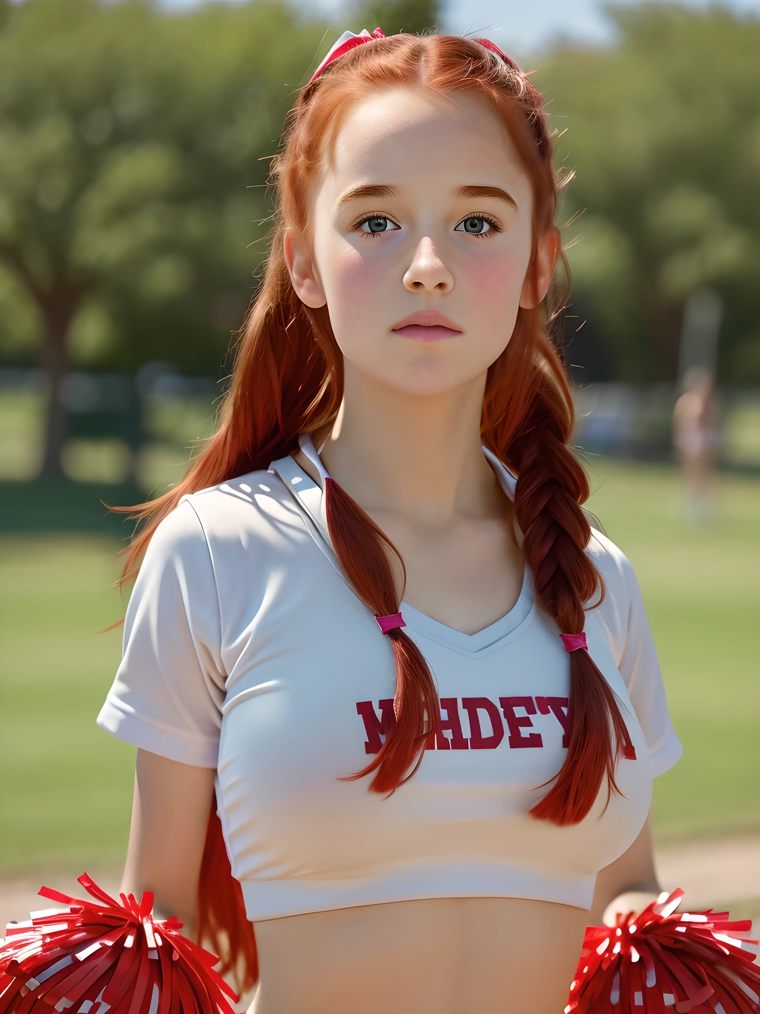 (best quality,4k,8k,highres,masterpiece:1.2),ultra-detailed,(realistic,photorealistic,photo-realistic:1.37), ((a school cheerleader, solo, shy)), ((very large bust size for her young age)), braided red hair, pale skin