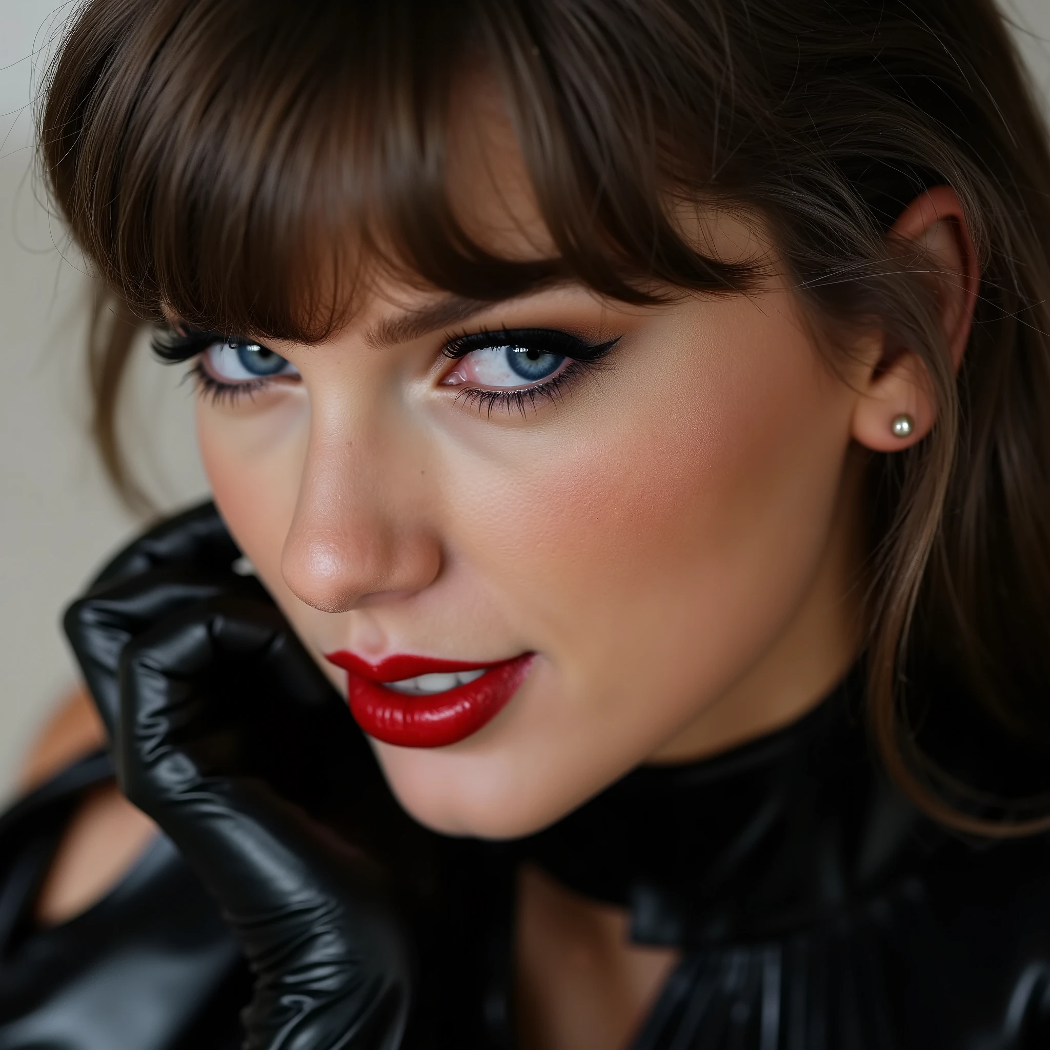 a beautiful woman with close-up portrait, detailed eyes, long eyelashes, beautiful detailed lips, shiny red lipgloss, wearing black latex bodysuit, latex pleated mini skirt, latex stockings, latex gloves, (best quality,4k,8k,highres,masterpiece:1.2),ultra-detailed,(realistic,photorealistic,photo-realistic:1.37),studio lighting,extremely detailed face and skin,vivid colors,sharp focus