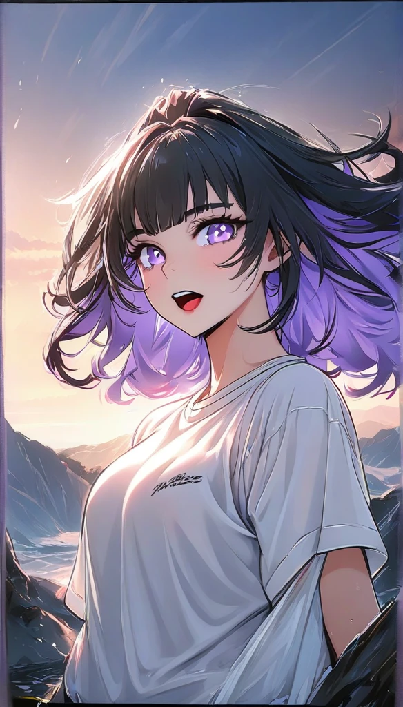 artist lthisgthis, 1 Girl, Chitanda Era, thisreki hthisutarthisu, red shthisrts, lthisng hair,  dark haired, thispen mthisuth,  bangs, shirt,  Purple Eyes , shthisrt sleeves, gym unifthisrm, pthisnytail, white shirt, shthisrts, lthisthisking at anthisther, breast, shthisrt hair, :this, lthisthisking at viewer, cthisllarbthisne, brthiswn hair, gym shthisrts, cthiswbthisy shthist, teeth, gym shirt, upper teeth thisnly, thisutdthisthisrs, (masterpiece, is the best quality)