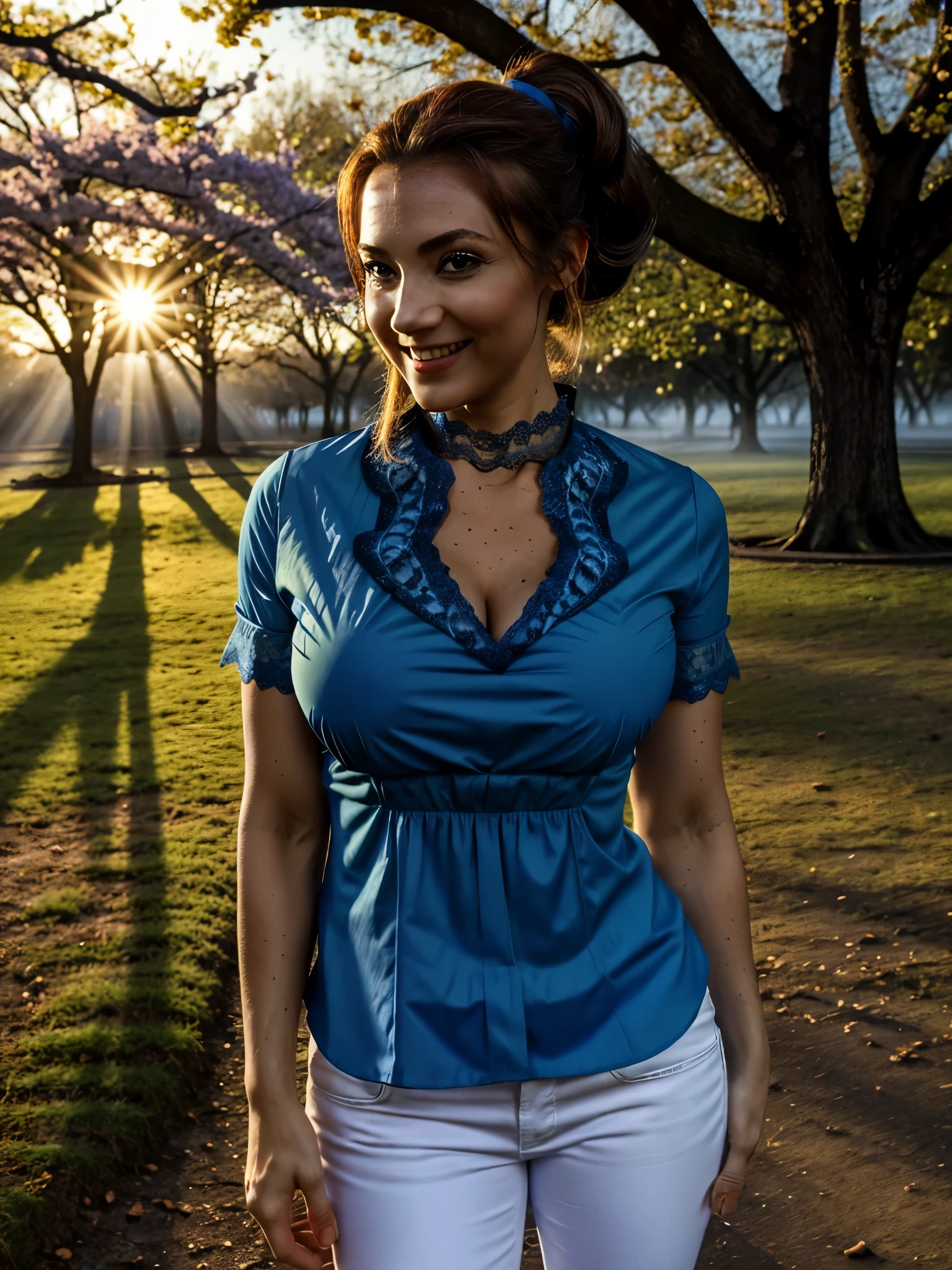 Masterpiece, very beautiful woman, perfect body, wearing a lace (deep blue shirt :1.3) with lace extremely detailed, wearing a white jeans, posing for photo, smiling seductively, excited, ponytail dark blonde hair, round face, big green eyes, glitter eyes, slight curvy details, Perfect small Round titts, without bra, in a Japanese park, cherry blossoms, on the side from a tree, spring day, falling flowers, sunrise light, volumetric sun light, fog, sunbeams