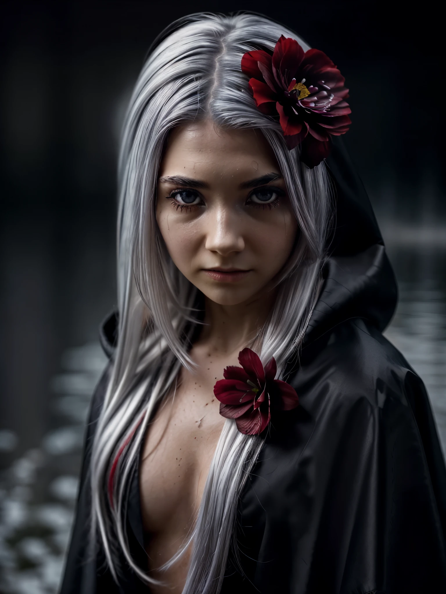 1girl,solo,1girl,solo,((beautiful detailed eyes)), (detailed light),depth of field,(white hair),silver eyes,hair over one eye,(red flower ), hair flower,long hair,black cloak,wet,emotionless,looking back,night,starfall,raining,fog,red flowers falling,sketch,upper body,intense shadows,