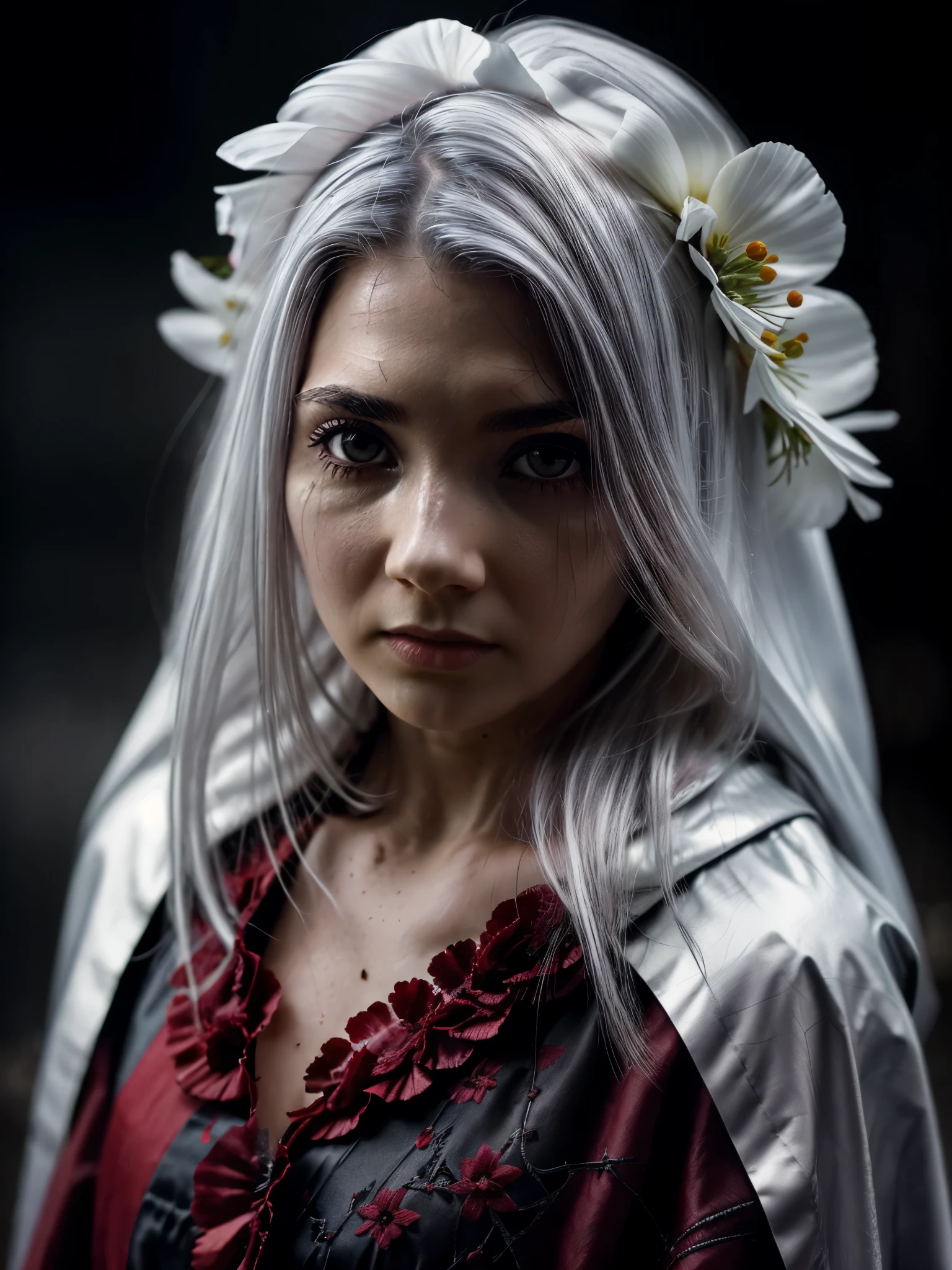 1girl,solo,1girl,solo,((beautiful detailed eyes)), (detailed light),depth of field,(white hair),silver eyes,hair over one eye,(red flower ), hair flower,long hair,black cloak,wet,emotionless,looking back,night,starfall,raining,fog,red flowers falling,sketch,upper body,intense shadows,