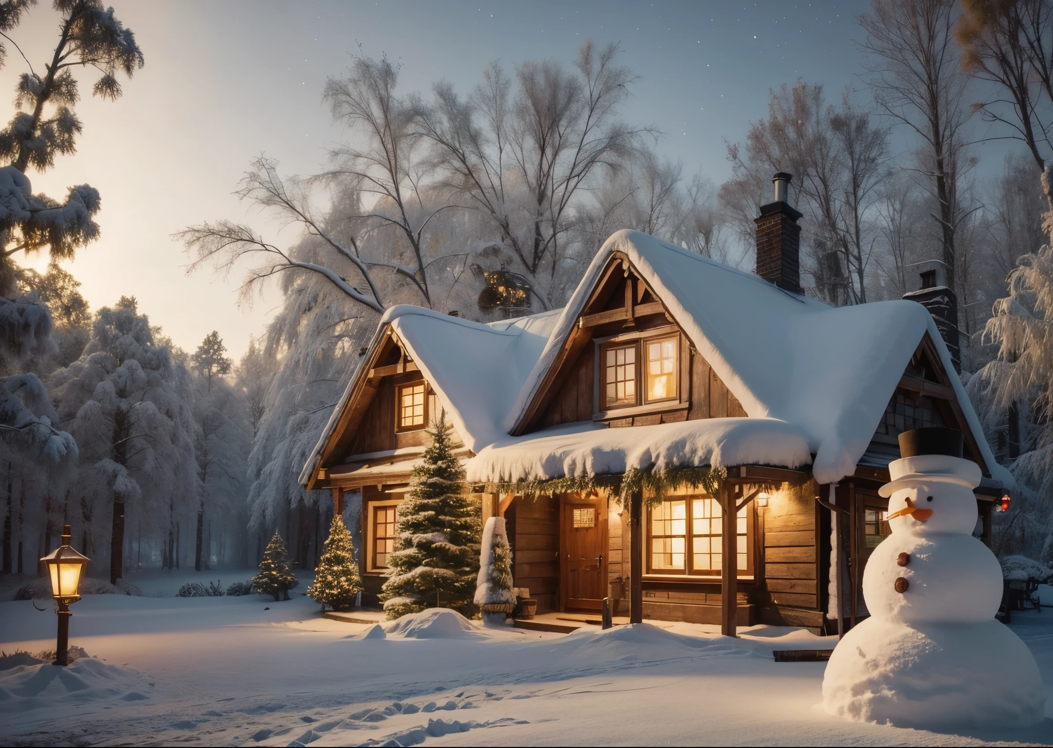  high quality 3D rendering 、Christmas Night、 Scenery of a snowy forest 、 A cute thatched house where little people live、Light leaks through the window、White smoke from the chimney 、Big snowman 