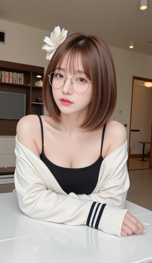 of、Slender, small-breasted beauty、Lying down and looking at me、 camisole、Sweatpants、Glasses、Shot from under the table 、 angle to look up、(( Highest Masterpiece、8k、 Max Image、 highest resolution、 Photorealistic、 RAW photos ))、