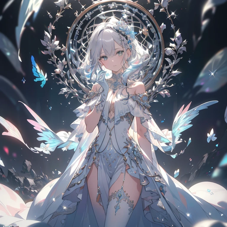 silver hair，Butterfly，long white hair，white wedding dress，8k wallpaper，Detailed background，Highest resolution，Deep V big breasts，hair covering one eye，bandeau wedding dress，Chis，White Rose，tight，full-body shot