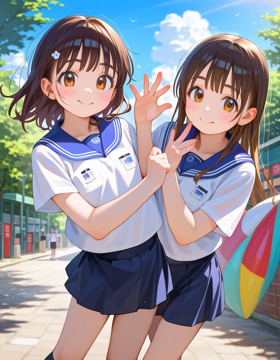 Two anime girls wear short skirts and short jackets、Posing for a photo, anime styled 3d, Anime in style , アニメMr.式化された , realistic anime 3D style , Anime CGI Style, render of a cute 3d anime girl, 3d anime girl, 3D Animation Realistic , anime style. 8k, Mr.々A pose, Anime High Definition, Character poses,Realistic