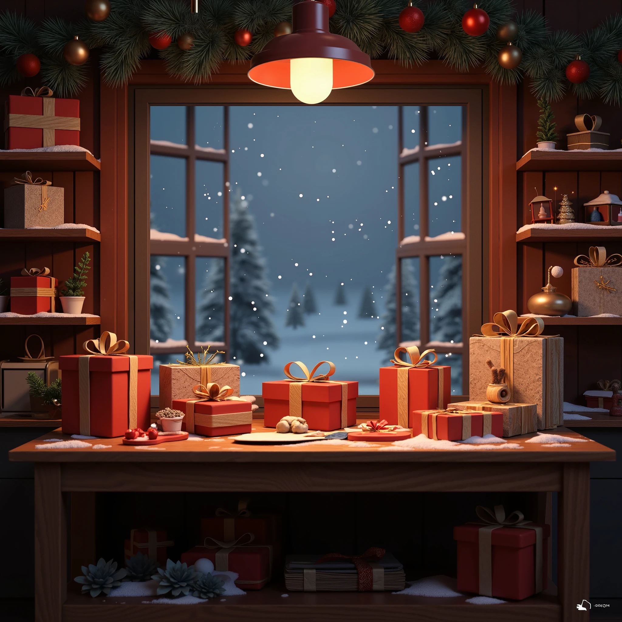 C4D modeling,OC rendering,close up, A C4D-style Christmas workshop scene, with unwrapped gifts on the workbench,There are tools next to it , Warm lighting,. The background is a Christmas workshop , snowflakes falling gently outside a large window,night