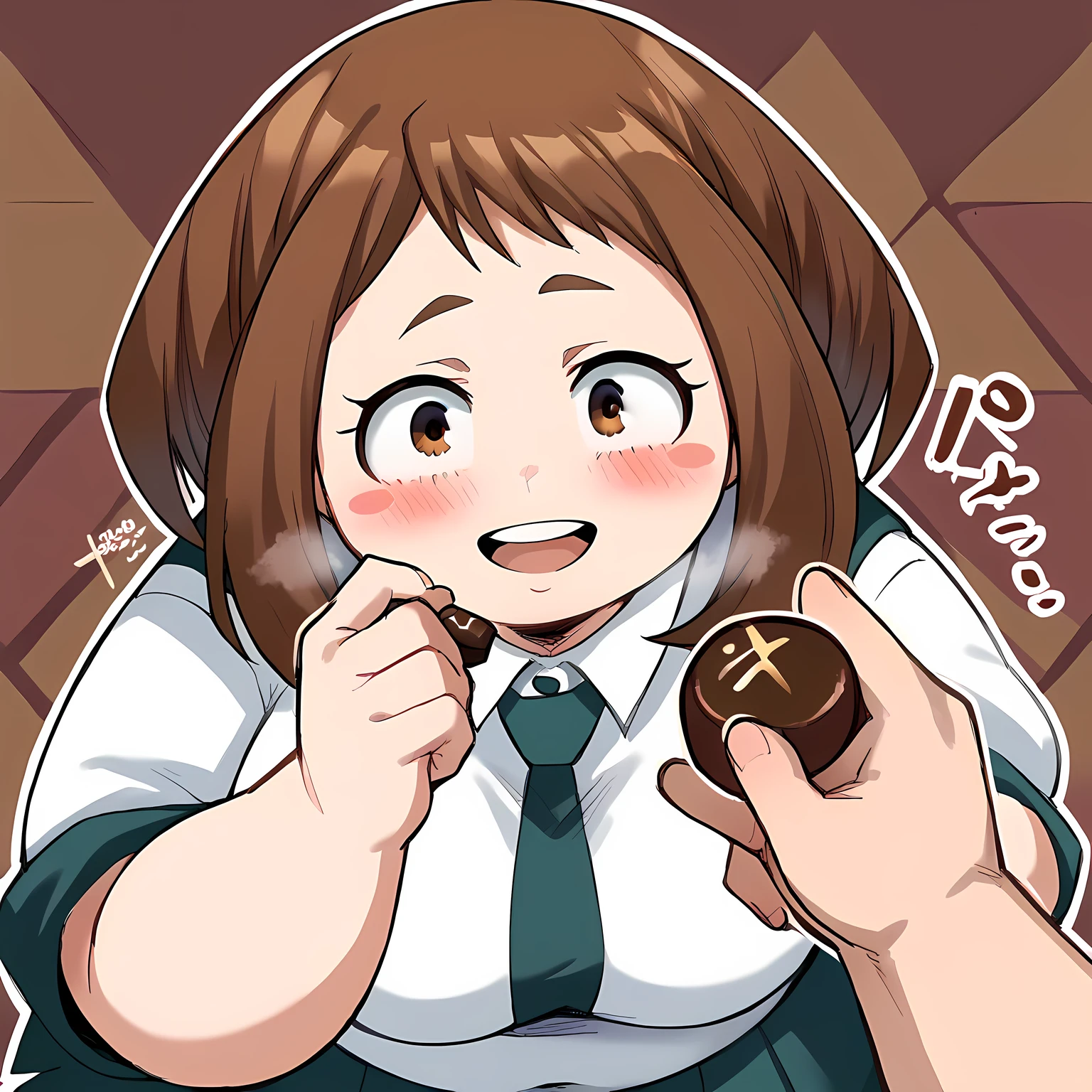 score_9, score_8_up, score_7_up, source_anime, ochako uraraka, brown eyes, brown hair, short hair, blush, blush stickers, medium breasts, incoming food, chocolate, holding, holding chocolate, holding food, food, looking at viewer, open mouth, blush, smile, school uniform,,swollen face, fat, chubby, obese, open mouth, out of breath, absurdres, highres icon, rating:General, confused, blush, {flustered}, nervous sweating, portrait, pov hands, hand on another's cheek, averting eyes, [looking away], straight-on, from above,  upper body, masterpiece, best quality, ultra-detailed, high resolution, 8K, 