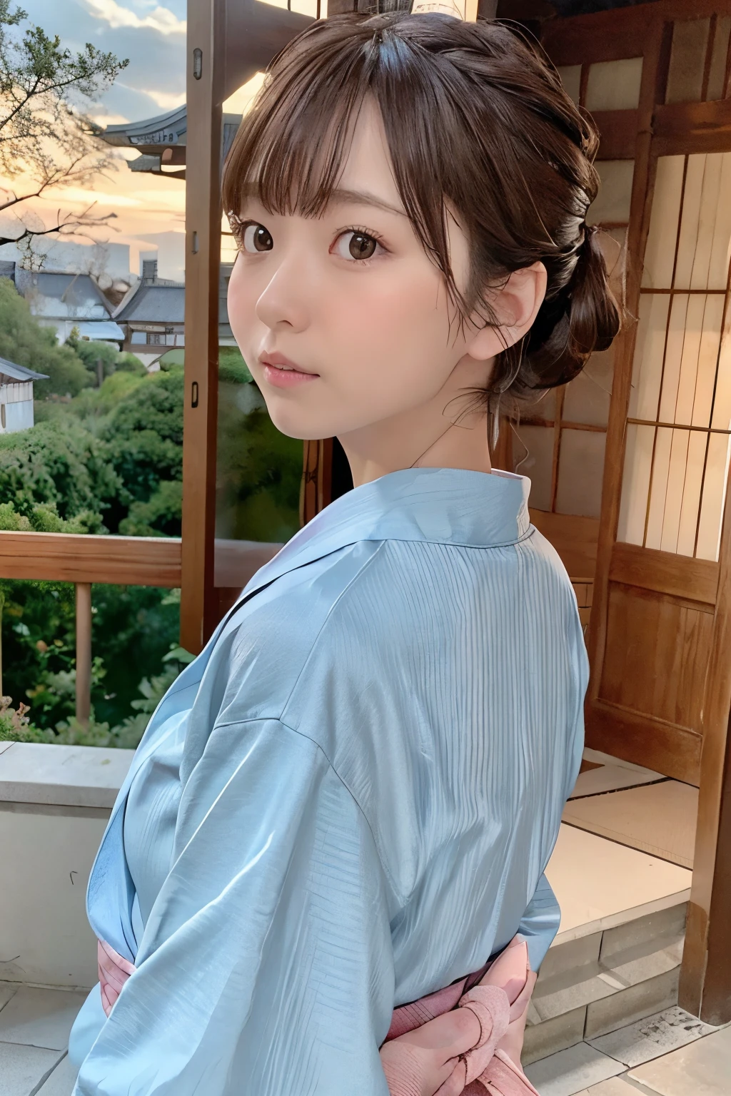 Top quality, fine details, ((beautiful one girl))), very detailed eyes and face, yukata, large tear bags, double eyelids, upbeat cheeks, Japanese-style room, sitting on a white futon, fluffy chest, (clean legs), no underwear