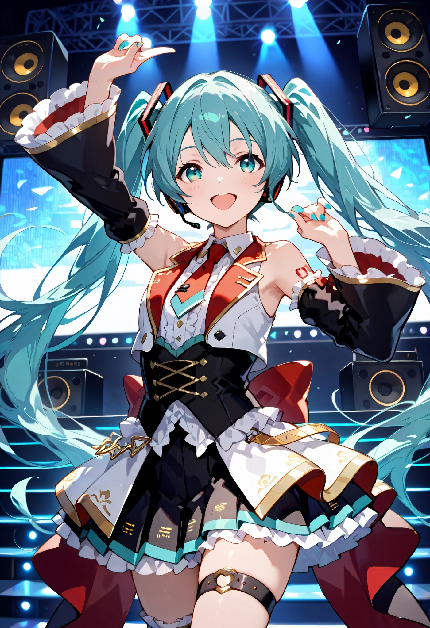 score_9, score_8_up, score_7_up, score_6_up, score_5_up, score_4_up, best quality, masterpiece, 
akito_s, 
Akito and Hatsune Miku singing on a live stage, wearing live costumes, headsets, synchronised stunning dance, colourful stage, super-sized speakers behind them