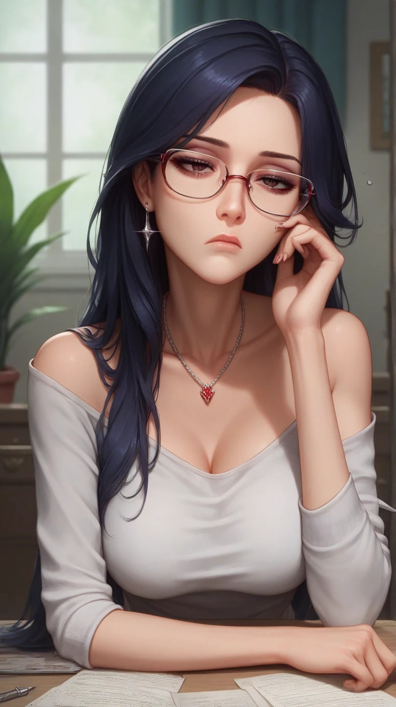 Best quality, volumetric lighting, cool ambient lighting, masterpiece, ultra high res, 4k, (soft round detailed face), (sad expression), depressed, despair, grief, crying, hopeless, (very pale light skin), (bare legs), detailed black hair, ((long messy greasy hair)), (wearing rounded glasses), unwashed, unkempt, tired, disheveled, grey t shirt, (bandaged arm), (both hands touching head)