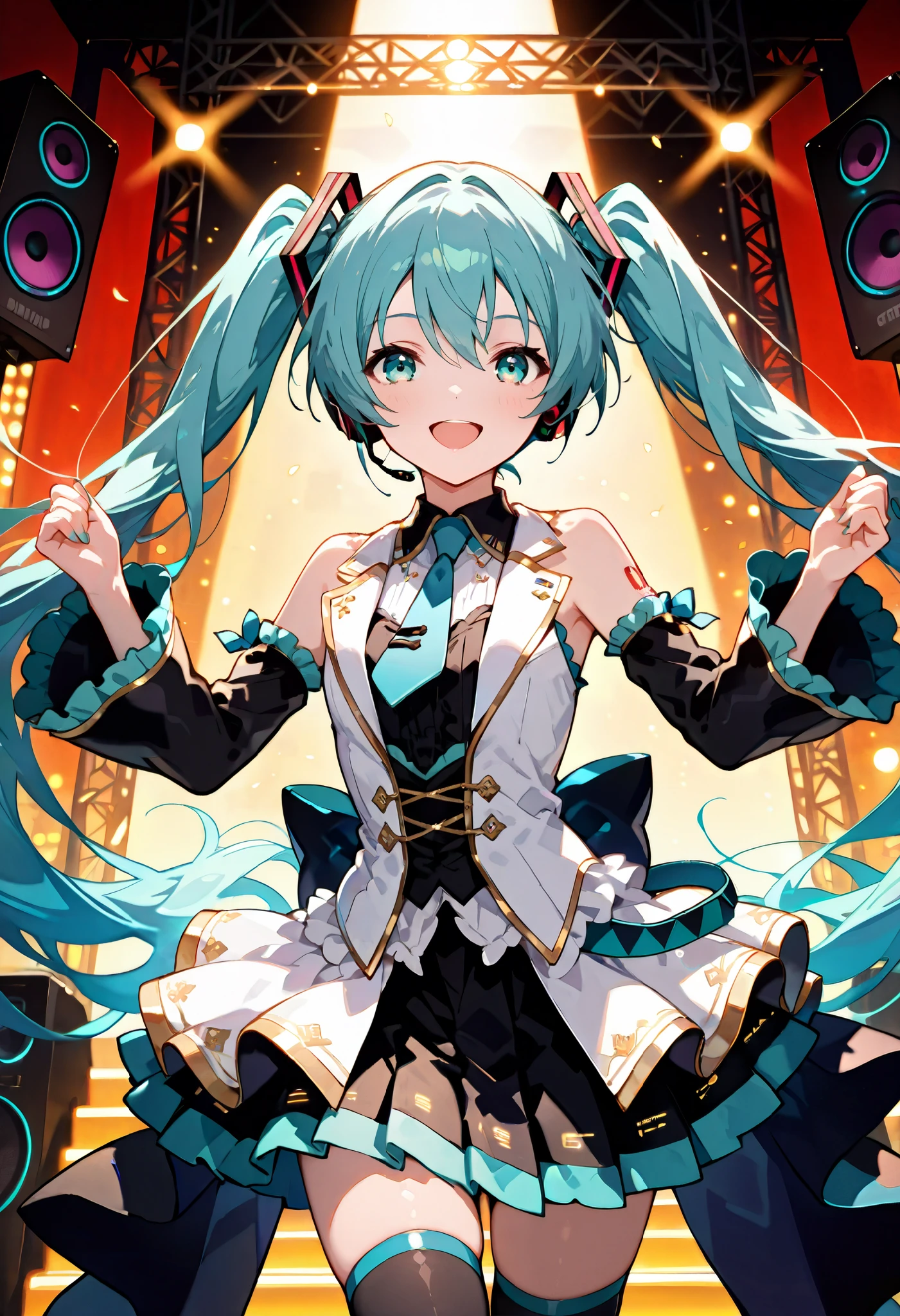 score_9, score_8_up, score_7_up, score_6_up, score_5_up, score_4_up, best quality, masterpiece, 
akito_s, 
Akito and Hatsune Miku singing on a live stage, wearing live costumes, headsets, synchronised stunning dance, colourful stage, super-sized speakers behind them