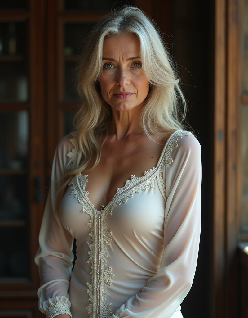 Mature old woman 80 years with long hair, plus size, old face and body with many wrinkles, loose skin, smiling standing near the window with beautiful view, posing for photo, She wearing white robe with white pattern, black bodysuit and white lace stockings, side view. jaw dropping mature older beauty, old face and body with wrinkles, old face, attractive grandma, a gorgeous old hair, beautiful old grandma, lovely older mature grandma, gorgeous beautiful grandma over 80 years old, beautiful long hair grandma, beautiful detailed body and face, a beautiful old granny