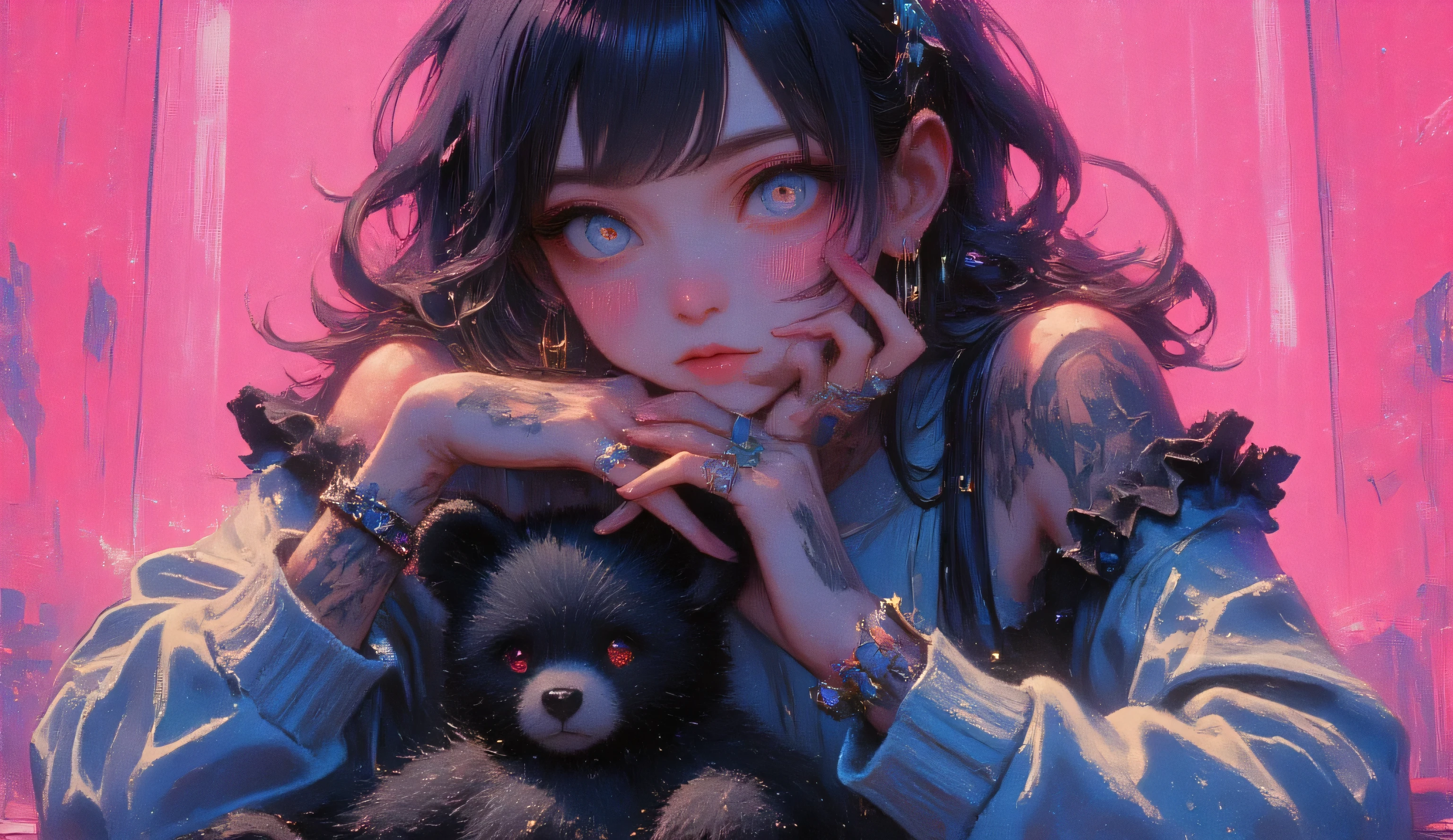 a close-up of a young woman with tattoos on her arms and left cheek, bangs down to above her eyebrows, light eyes head tilted down a little, looking at the camera, long false eyelashes with sparkles on her pink cheeks curls on the sides of her head, wears 2 twin buns, black cabello, ears with hoop piercings, earrings in each ear, she leans her chin with both hands, she wears rings, sweatshirt with frills on her shoulders, bracelets on her hands, she has a black teddy bear on her lap, pink background with different brush strokes, gothic style:1.3, Dark, Your expression is one of sadness , digital art by Hikari Shimoda , trend in CGSociety , pop surrealism, low quality pop surrealism , pop surrealism low quality art style, Beeple y Jeremiah Ketner, Japanese pop surrealism , cute kawaii, low quality art, nice detailed art, artwork in the style of Guweiz , pop surrealism art style