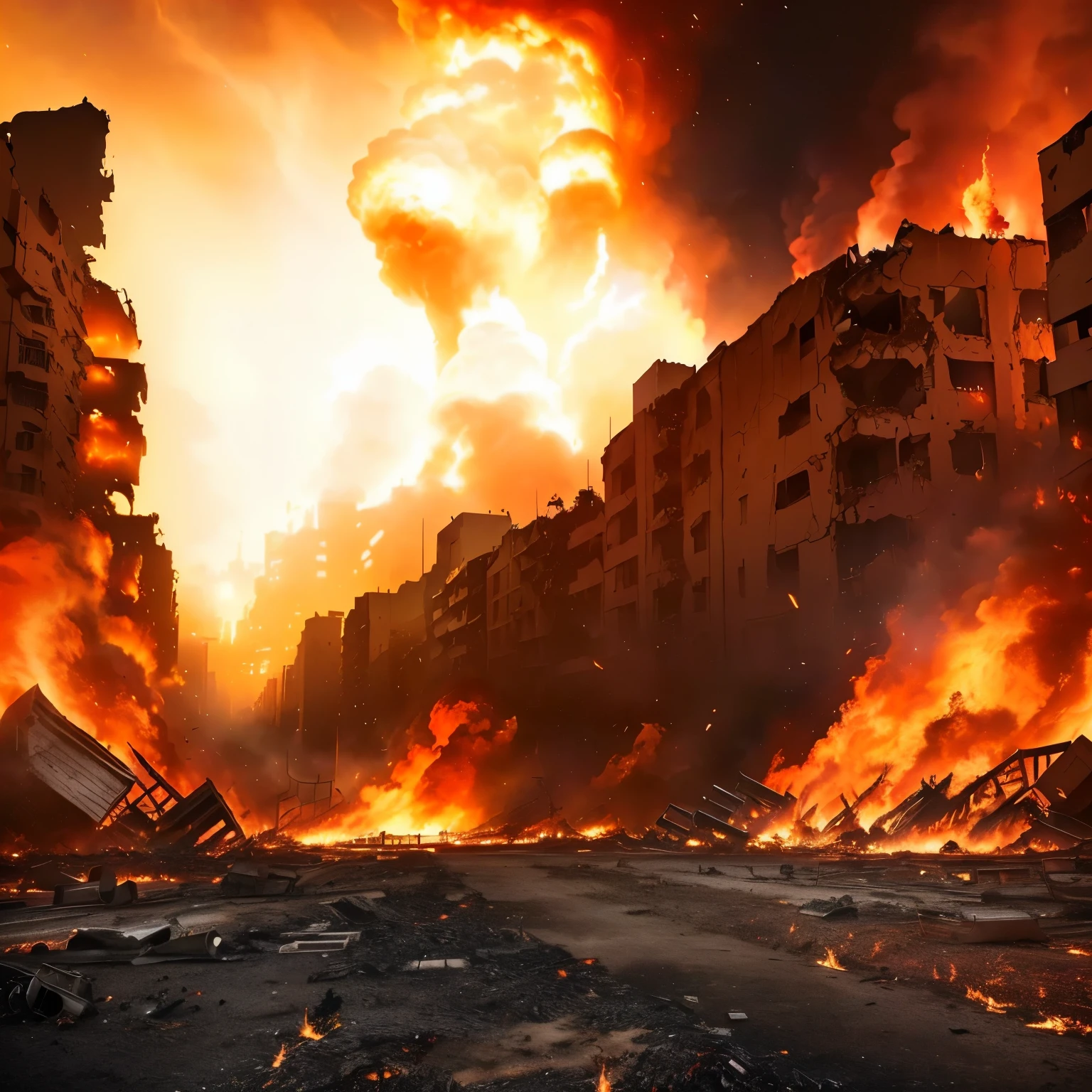 (masterpiece:1.2) ,(illustration:1.1), (best quality:1.2) , (detailed), (intricate), (8k), (HDR), (wallpaper), (wide image),((perspective)),Oppressive,(Impactful),far shot,((from above)),((1 huge nuclear explosion over sky)),(shock wave effect),(Destroyed city),Drifting dust,ruin city,desperate, solo,warning line, walking in the city street,outdoor, ((blockade zone)),(masterpiece:1.2),<cinematic light,ultra high res, 8k uhd, perfect anatomy, exquisitely detailed skin, best shadow, delicate>