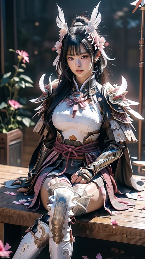  A sexy female character wearing white armor as a warrior from the Sengoku period 、((Messy bun hair))、((raven black hair))、((toned body))、(glistening skin)、 tight body、((mega breasts 1.8))、 plump breasts 、 plump thighs 、 The white armor with the Nadeshiko flower pattern engraved on it is a bikini type design that emphasizes chest exposure、(  wear a cape with a Nadeshiko flower pattern )、cocoon silhouette skirt、 white shin guard with Nadeshiko flowers engraved on it 、Pink high-leg underwear 、White tights、 absolute domain、((Sitting with Knees Up ))、(( spread legs))、Dramatic lighting、Big Yamabuki flowers in full bloom are blooming in front of the glorious hill where the sun is rising 、Big Asahi 、(( The background is full blooming with large Nadeshiko flowers blooming in full bloom ))、(( A sexy female character wearing white armor as a warrior from the Sengoku period ))、 cinema-like scene 、((Background Japanese dianthus)) 、((foreground　Japanese dianthus))、 Max Image、 Ultra High Definition、8k