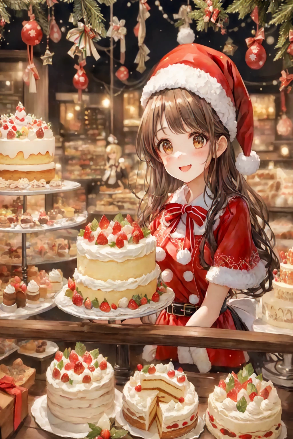 there is a woman in a santa hat standing in front of a display of cakes, pixiv, loli, kawacy, eating cakes, fantasy bakery, baking artwork, at pixiv, sakimi chan, official artwork, happy!!!, sweets, trending on artstation pixiv, pixiv contest winner, marin kitagawa fanart, grand!, 