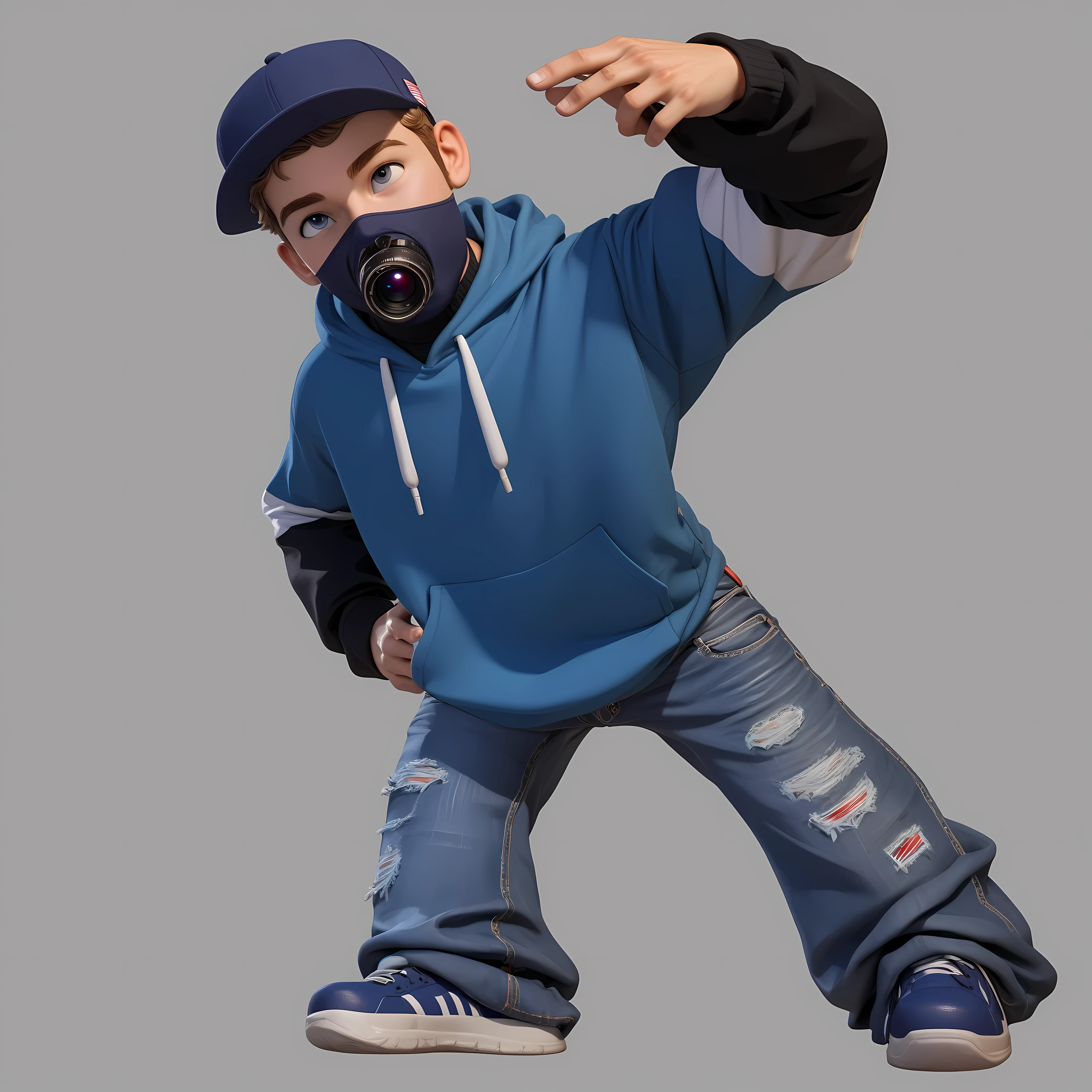 Looking up，Hip-hop man ， young American man ，hip-hop clothing ， wearing loose jeans， wide-leg jeans ， standing with feet apart ，Lean over and look at the camera，Sports shoes，Hip-hop trend，UE5 Rendering，3D Rendering，Cartoon Characters，Q version characters， 5-headed figure ratio 