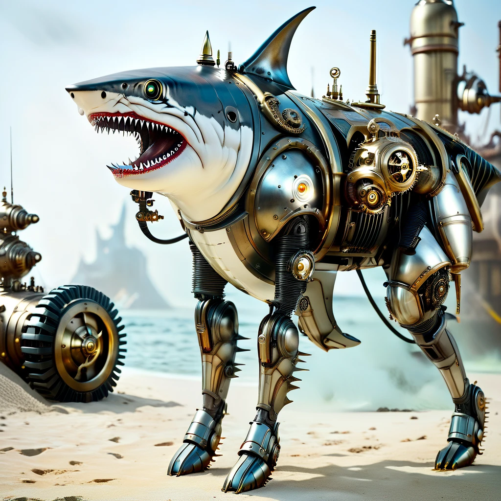 3D rendering, action figure, great white shark cyborg, walking on land on two legs, steampunk mechanics, carrying a tank of seawater on its back, with a special mask covering its mouth, with a turbocharger-like machine that forces the seawater from the tank into its mouth through the mask, oxygen is taken from the seawater drained from its gills through a radiator-like auxiliary machine and circulated back to the tank, made by the invaders, with two missile launchers, full body image, digital image.