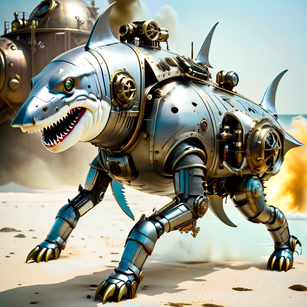 3D rendering, action figure, great white shark cyborg, walking on land on two legs, steampunk mechanics, carrying a tank of seawater on its back, with a special mask covering its mouth, with a turbocharger-like machine that forces the seawater from the tank into its mouth through the mask, oxygen is taken from the seawater drained from its gills through a radiator-like auxiliary machine and circulated back to the tank, made by the invaders, with two missile launchers, full body image, digital image.