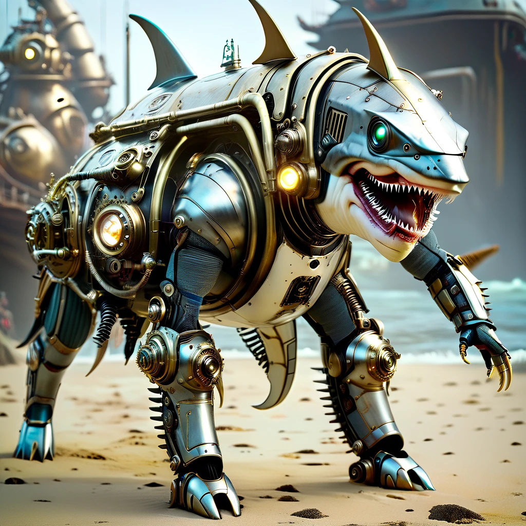 3D rendering, action figure, great white shark cyborg, walking on land on two legs, steampunk mechanics, carrying a tank of seawater on its back, with a special mask covering its mouth, with a turbocharger-like machine that forces the seawater from the tank into its mouth through the mask, oxygen is taken from the seawater drained from its gills through a radiator-like auxiliary machine and circulated back to the tank, made by the invaders, with two missile launchers, full body image, digital image.