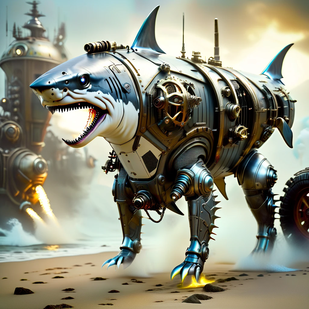 3D rendering, action figure, great white shark cyborg, walking on land on two legs, steampunk mechanics, carrying a tank of seawater on its back, with a special mask covering its mouth, with a turbocharger-like machine that forces the seawater from the tank into its mouth through the mask, oxygen is taken from the seawater drained from its gills through a radiator-like auxiliary machine and circulated back to the tank, made by the invaders, with two missile launchers, full body image, digital image.