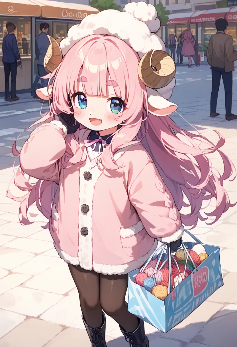 score_9, score_8_up, score_7_up, source_anime, (masterpiece:1.3, best quality:1.3, 8k,  highres icon:1.3, good anatomy), 1girl,  pink fluffy long hair\ Fluffy Long Hair, Sheep&#39;s round horns, Thick eyebrows, smile, I'm looking up at Fluffy Wool Coat , pink vertical stripe sweater,  black tights , Big gloves,  yarn hat,  lace-up boots, Shopping Bags, Fall, PANIYAN BREAK SHOPPING STREET, Lively, Crowd, End of the year