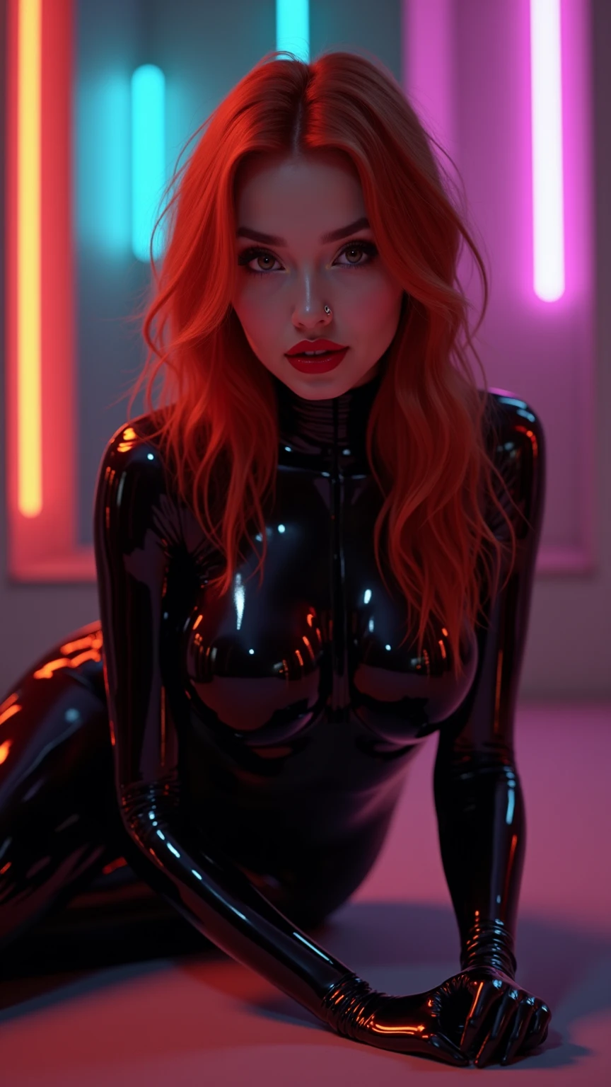 niji_dola ,<lora:niji_dola:1>, pantyhose, single pantyhose, single leg pantyhose,cut out lava jumpsuit, single legged cut out lava jumpsuit,, (sharp focus:1.2), portrait, ((posing)), (beautiful face:1.1), detailed eyes, luscious lips, ((skindentation)), (bright studio lighting:1.2), depth of field, bokeh, 4K, HD