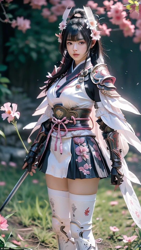  A sexy female character wearing white armor as a warrior from the Sengoku period 、((Messy bun hair))、((raven black hair))、((toned body))、(glistening skin)、 tight body、((mega breasts 1.8))、 plump breasts 、 plump thighs 、 The white armor with the Nadeshiko flower pattern engraved on it is a bikini type design that emphasizes chest exposure、(  wear a cape with a Nadeshiko flower pattern )、cocoon silhouette skirt、 white shin guard with Nadeshiko flowers engraved on it 、Pink high-leg underwear 、White tights、 absolute domain、(( Lift one leg))、Dramatic lighting、Big Yamabuki flowers in full bloom are blooming in front of the glorious hill where the sun is rising 、Big Asahi 、(( The background is full blooming with large Nadeshiko flowers blooming in full bloom ))、(( A sexy female character wearing white armor as a warrior from the Sengoku period ))、 cinema-like scene 、((Background Japanese dianthus)) 、((foreground　Japanese dianthus))、 Max Image、 Ultra High Definition、8k