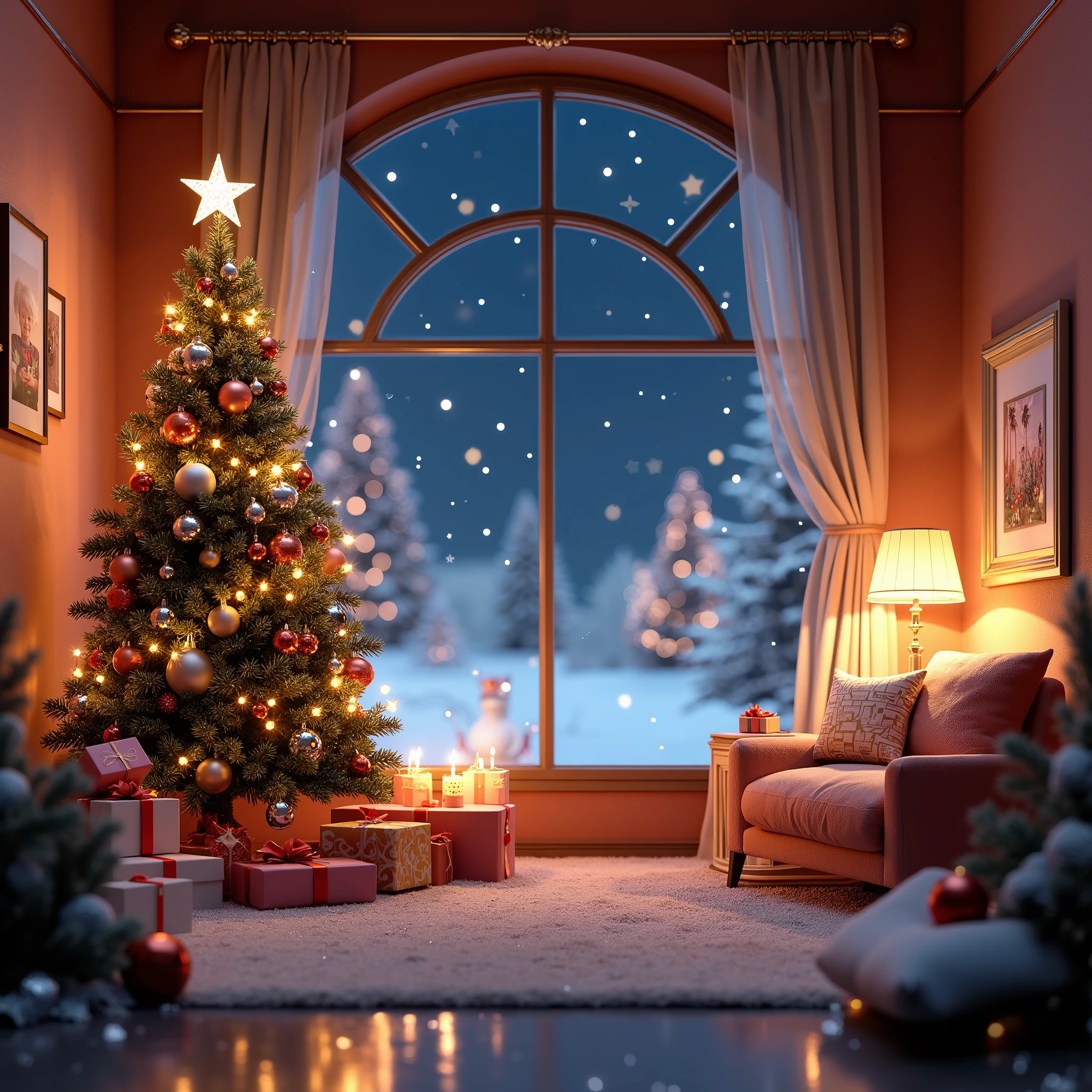 C4D modeling,OC rendering,A Christmas scene in C4D style,Christmas decoration,Gift、Christmas tree、 Warm lighting, snowflakes falling gently outside a large window,night, background