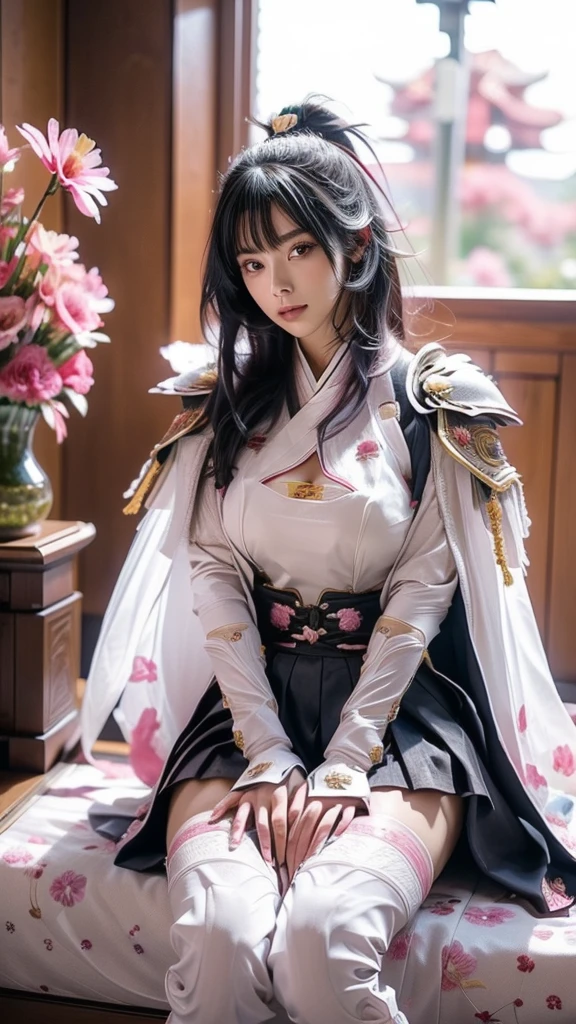  A sexy female character wearing white armor as a warrior from the Sengoku period 、((Messy bun hair))、((raven black hair))、((toned body))、(glistening skin)、 tight body、((mega breasts 1.8))、 plump breasts 、 plump thighs 、 The white armor with the Nadeshiko flower pattern engraved on it is a bikini type design that emphasizes chest exposure、(  wear a cape with a Nadeshiko flower pattern )、cocoon silhouette skirt、 white shin guard with Nadeshiko flowers engraved on it 、Pink high-leg underwear 、White tights、 absolute domain、((leaning forward))、((acrobatic pose))、Dramatic lighting、Big Yamabuki flowers in full bloom are blooming in front of the glorious hill where the sun is rising 、Big Asahi 、(( The background is full blooming with large Nadeshiko flowers blooming in full bloom ))、(( A sexy female character wearing white armor as a warrior from the Sengoku period ))、 cinema-like scene 、((Background Japanese dianthus)) 、((foreground　Japanese dianthus))、 Max Image、 Ultra High Definition、8k