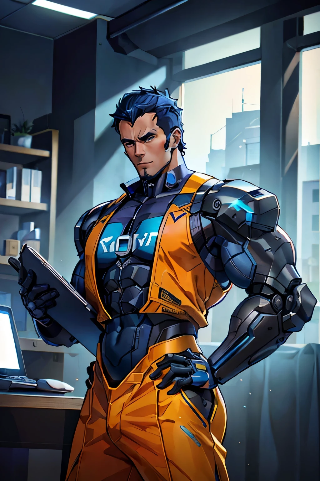 A muscular mature robot office worker man is standing in a office, wearing blue color jersey, handsome, beautiful muscles, mettalic black color body