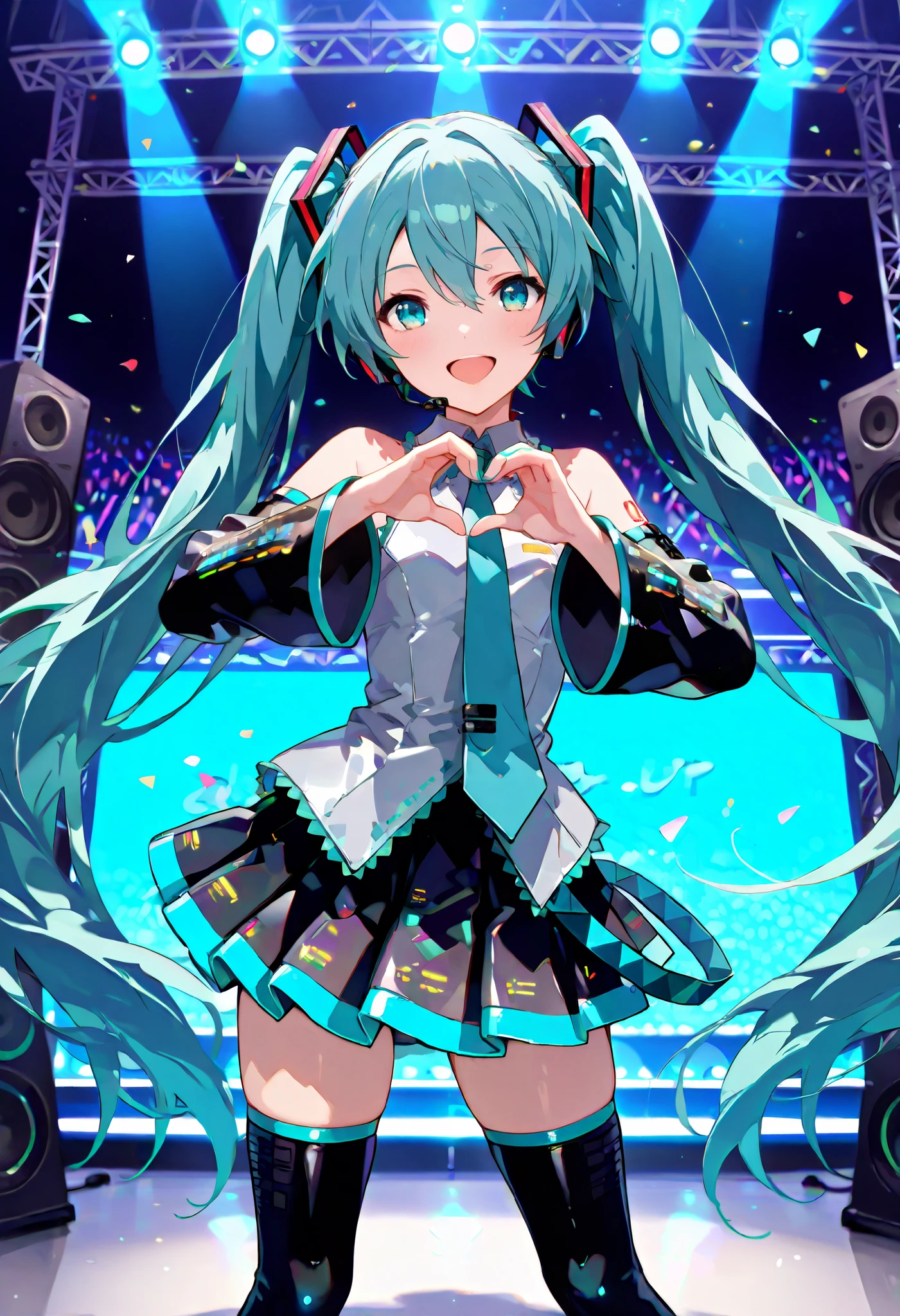 score_9, score_8_up, score_7_up, score_6_up, score_5_up, score_4_up, best quality, masterpiece, 
Hatsune Miku singing, heart hands, live costumes, headsets, synchronised stunning dance, colourful stage, super-sized speakers behind