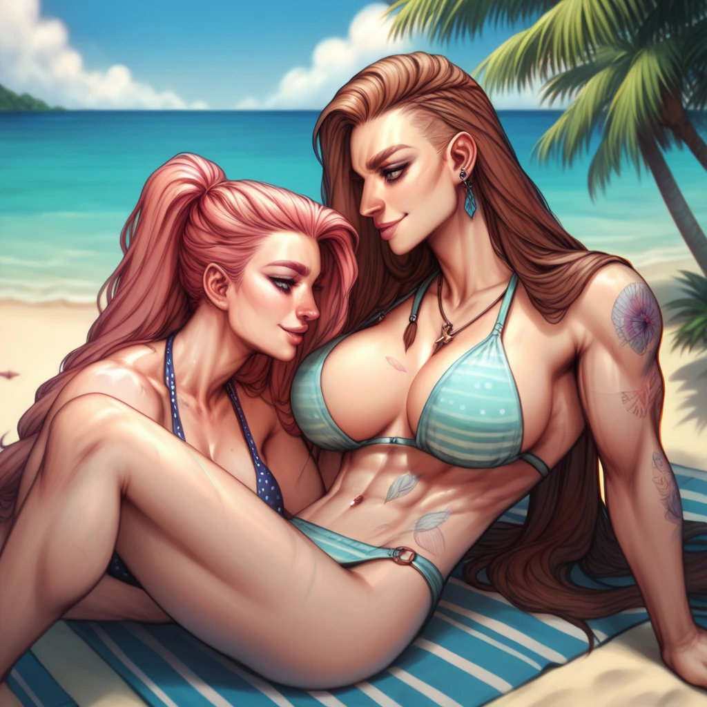 ((very powerful muscular body)) female bodybuilder, Very attractive and strong woman, wearing stylish bikini,  large full breasts, very long silky hair, chilling on the beach with her ((skinny gentle girlfriend)), two women: (first buff muscular) (second skinny gentle)