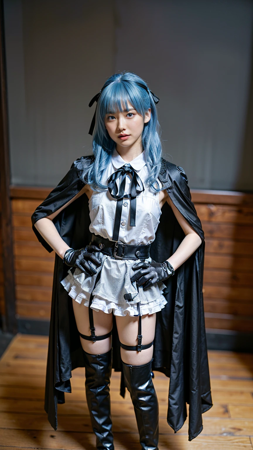 (8k、     RAW photos   、   top quality、masterpiece   :1.2)、(   realistic   、   realistic   )、1 person、((black、  gloves、 see-through、  light blue hair、  Garter Belt 、Cape、Ribbon on chest、  Check Mini Skirt 、   boots、blackい背景、Thin legs、whole body、hands on hips、 standing facing you   )、cute