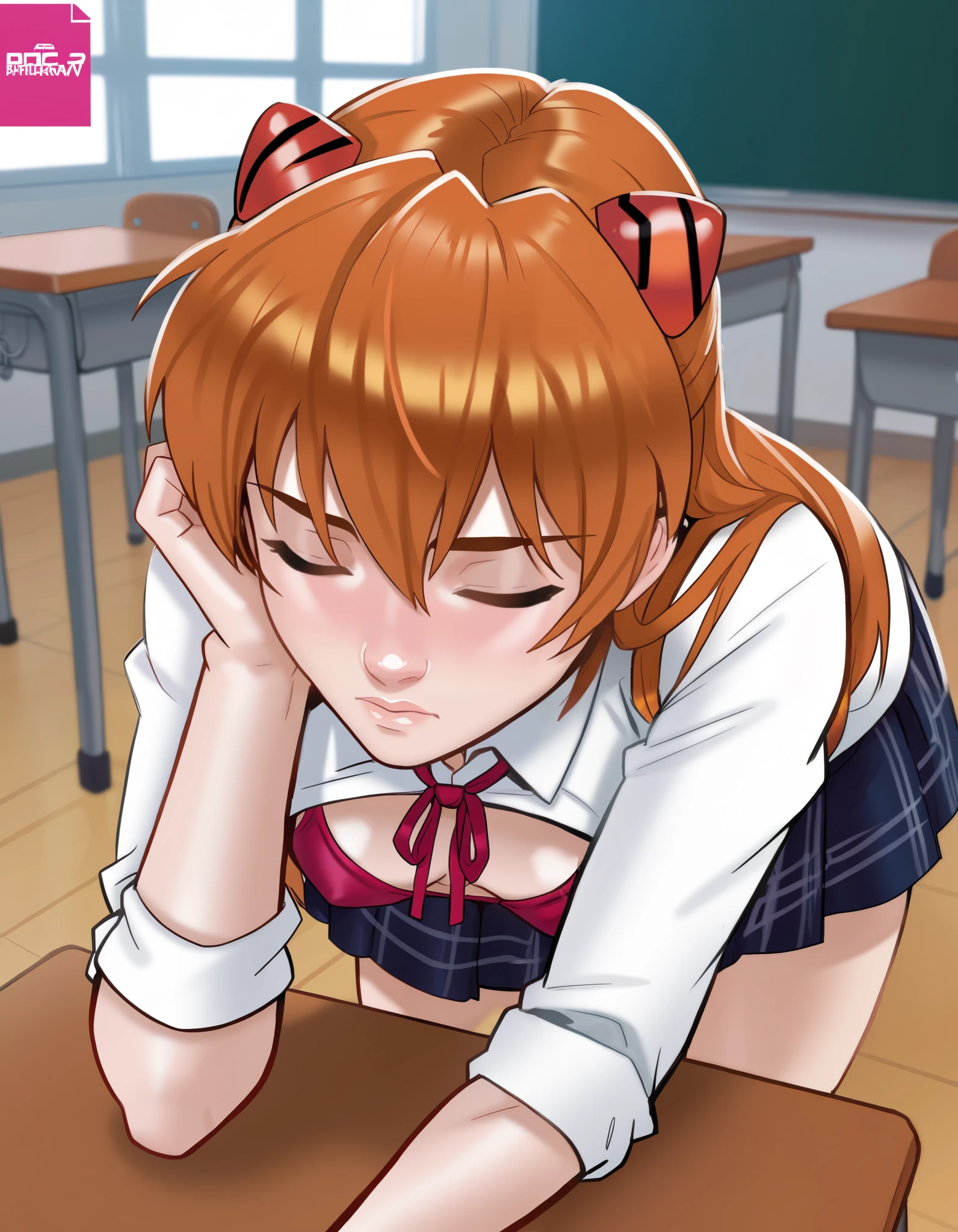 uploaded by andava,, best quality,,detailed,,girl,schoolgirl, sleeping at desk, ,asuka,shapely legs,, asuka evangelion , asuka school costume NSFW, , curvy, small breast, beautiful face, sleeping, bent over desk, sitting, face down, upskirt, cameltoe, looking up shirt, looking down shirt,, , , in a classroom, red orange hair, bitch, slut, slutty pose, popular girl in school, miniskirt, panties, cameltoe, training bra, school uniform, one girl, 
