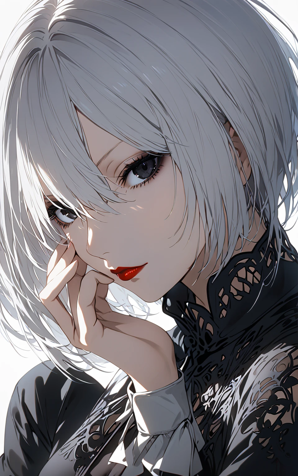 1girl, black eyes, black shirt, closed mouth, collared shirt, hand on own face, big breasts, hand to own mouth, hand up, lips, long hair, long sleeves, looking at viewer, ponytail, red lips, shirt, sleeves past wrists, solo, upper body, white background, nier \(series\), yorha no. 2 type b, nier, 2type B, nier automata, Breasts, Short Hair, White Hair, 