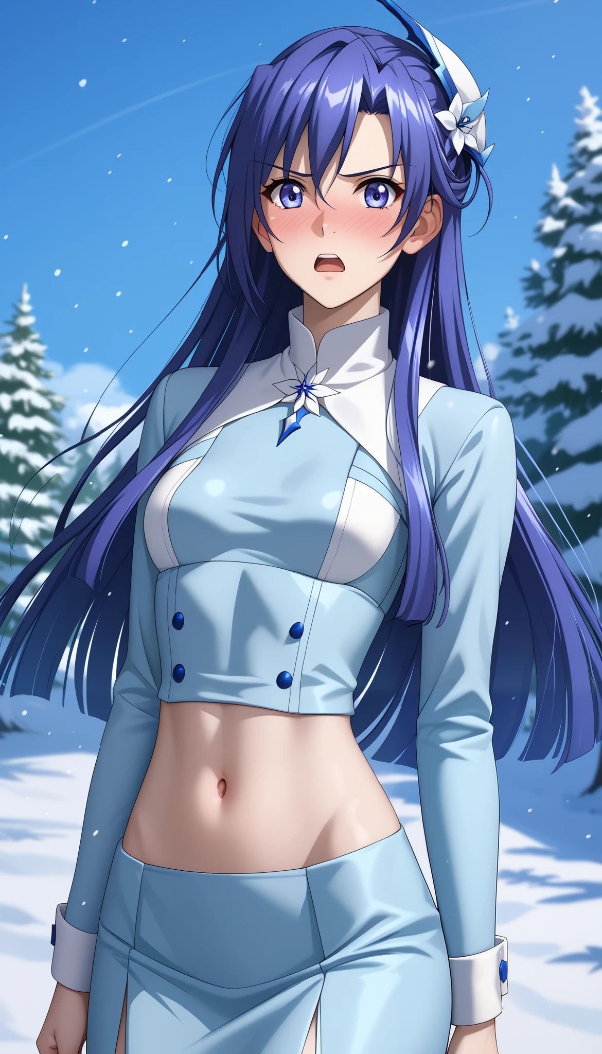 1 girl、kazanari_tsubasa、Shiny Hair、Tight waist、Small waist、Glowing Skin、Tight waist、eight-headed body、Beauty、Shame、(open-holed sexy knit dress)1.4,(snow)1.3,(navel)1.4,(masterpiece)1.3,anime style,(frown,shame), (full-face blush)1.4, (long hem)1.3,(open mouth),(winter garden)1.4,(harbor), (long sleeves, muffler)1.3,(solo sexy russian girl)1.3,(outdoors),extremely delicate and beautiful eys,extremely delicate face,soft clean focus, realistic lighting and shading, (an extremely delicate and beautiful art)1.3, elegant,active pose,dynamism angle